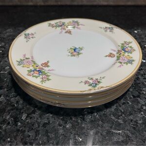 Vintage Floral Porcelain Dinner Plates Set of 4 Gold Rim Ivory Cottage China